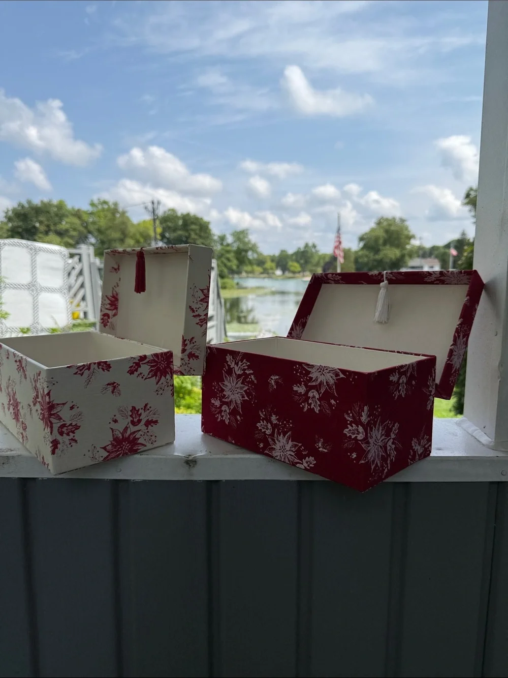 Decorative Fabric Storage Boxes - Red & Cream Floral Set 9X4-1/2 inch with gift
